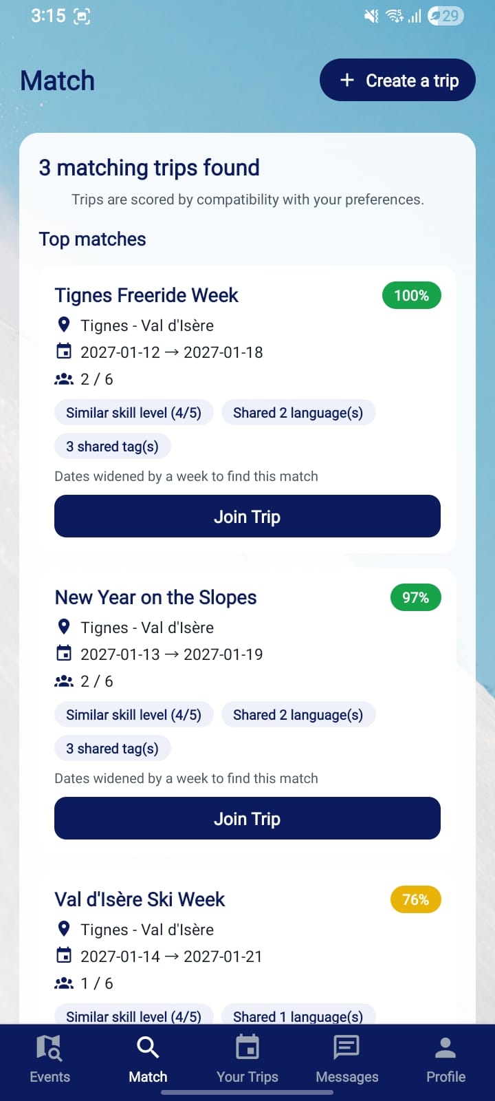 Match hub, scores and reasons