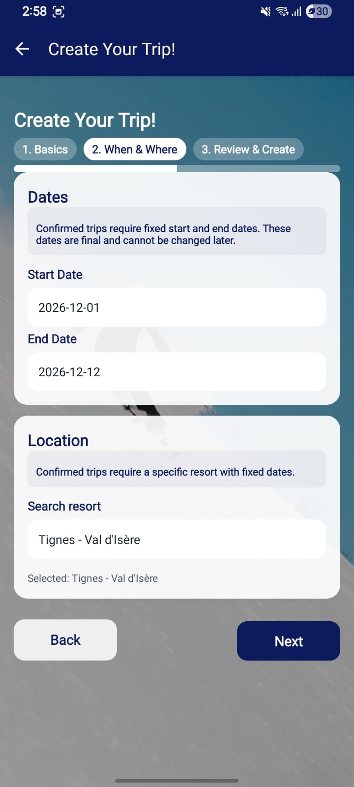 Step 2, dates and location